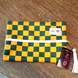Makeup Junkie (MJ Bag) Cosmetic Bag Green Gold Checker NWT White Tassel Zipper